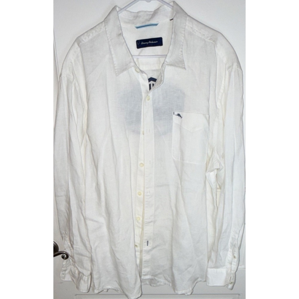 Tommy Bahama Linen Button-Up Shirt White Long Sleeve Graphic Print Men